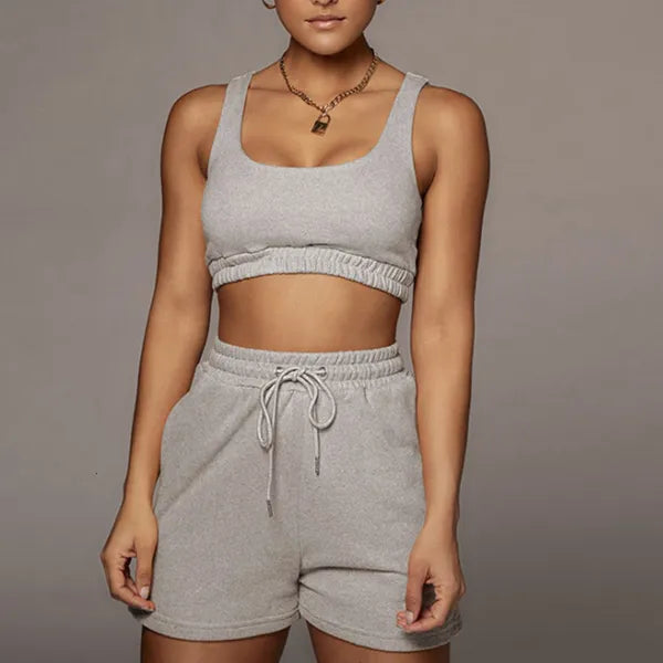 Women's Two Piece Pants Casual Solid Sportswear Two Piece Sets Women Crop Top And Drawstring Shorts Matching Set Summer Athleisure Outfits 230316