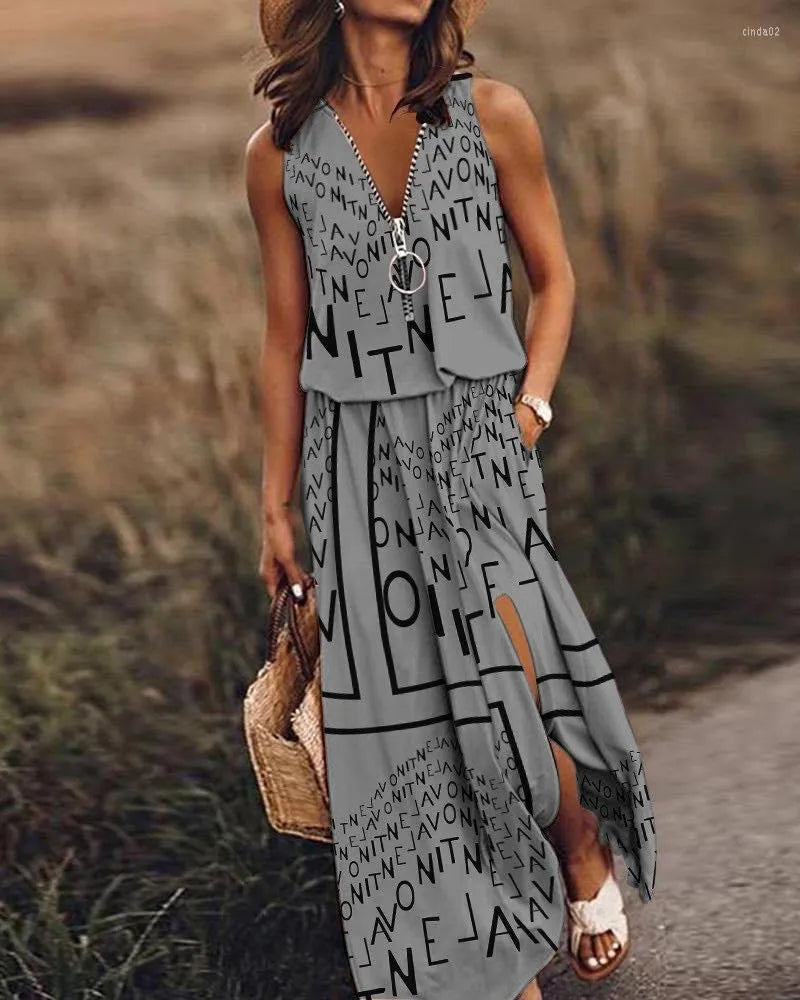 Casual Dresses Long Dress Summer Women Sleeveless Letter Print V Neck Zipper Pocket Split Up Beach Holiday For