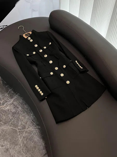 2023 Autumn Black Solid Color Panelled Dress Long Sleeve Stand Collar Double Pockets Single-Breasted Casual Dresses D3O071430