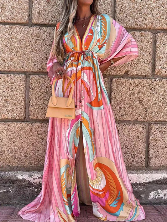 Basic Casual Dresses Summer Print Casual Women Dresses Oversized Holiday Beach Dress Boho Long Cover-Up Dress Female Long Sleeve Loose Tunic Dress 230818