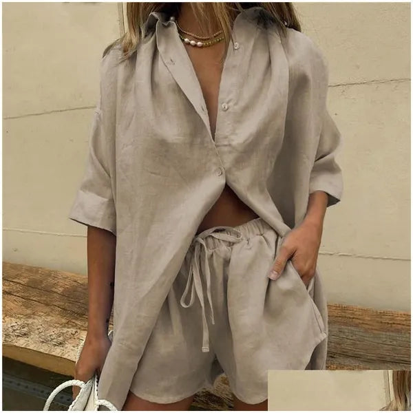 Women'S Tracksuits Womens Women Lounge Wear Shorts Set Short Sleeve Shirt Tops And Loose Mini Suit Two Piece Cotton Linen Summer Tra Dhgey