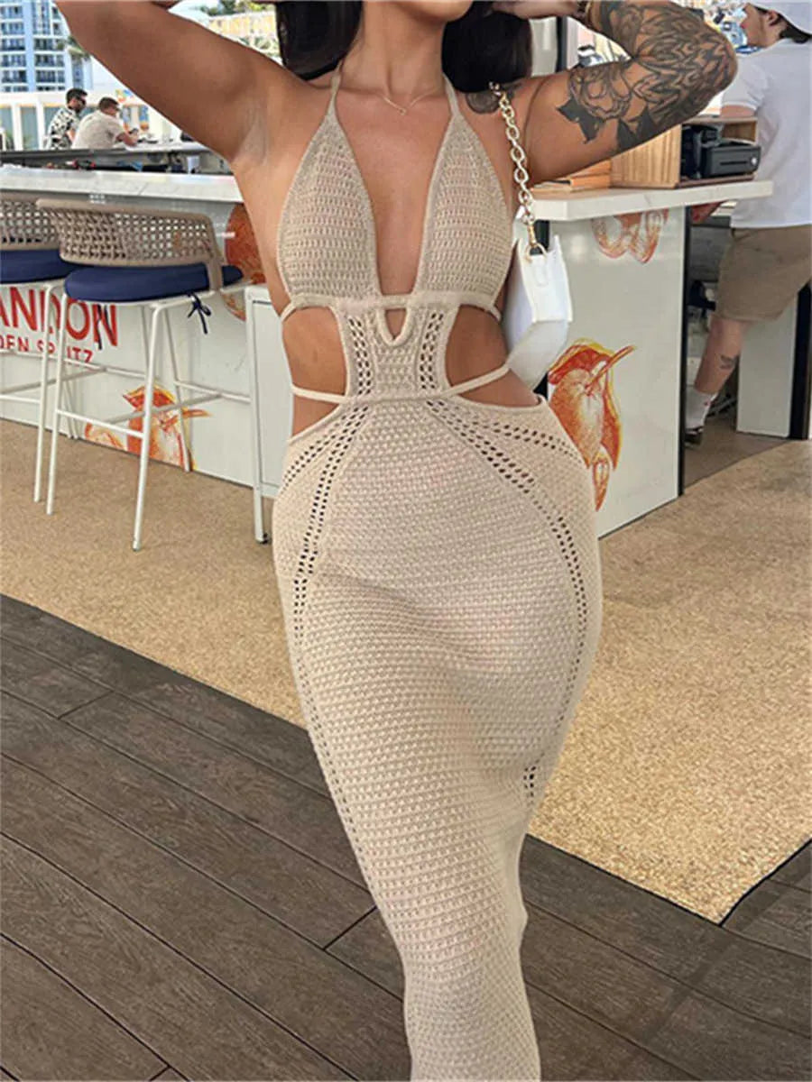 wsevypo Women Halter Tieup Knit Crochet Beach Dress Sexy Backless Sleeveless Deep V Cutout Waist Wrapped Bodycon Dress Clubwear L230621