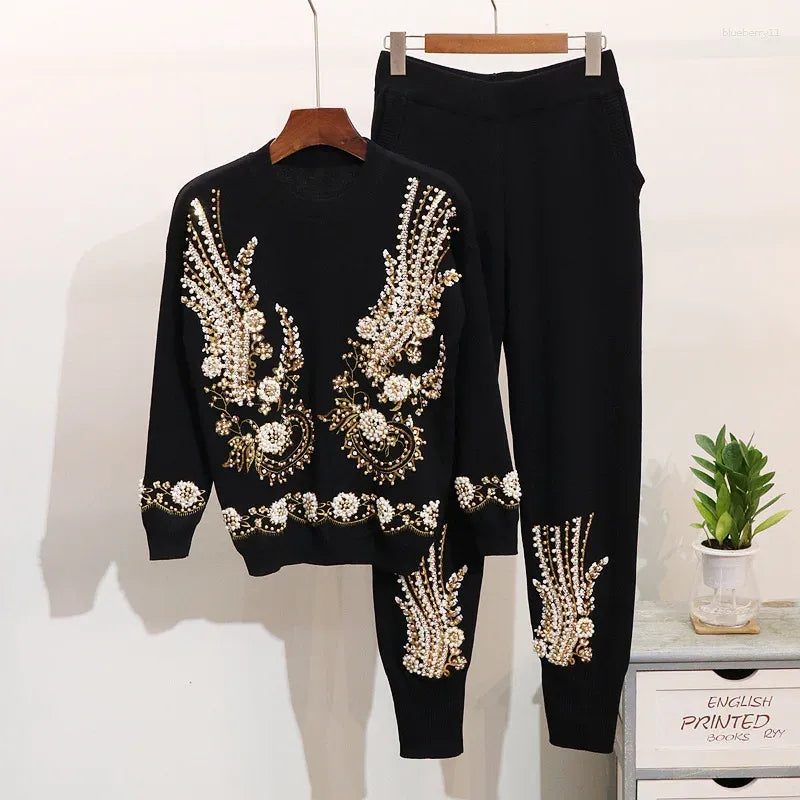 Women's Tracksuits Autumn Womens Beads Embroidery Knitwear Sweater Knitting Pants Two Piece Set Female