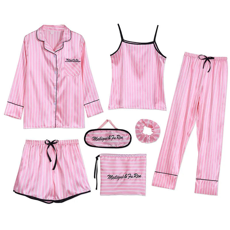 Womens Sleepwear Strap Pyjamas 7 Pieces Pink Pajamas Sets Satin Silk Lingerie Homewear Set Pijamas For Woman 221118 1