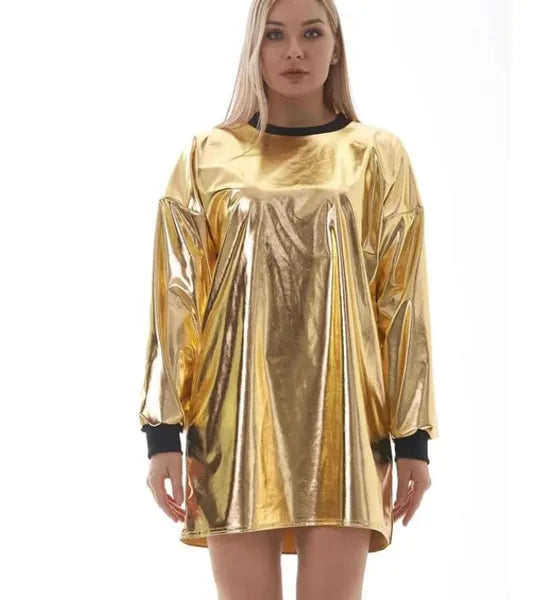 Casual Dresses Women Casual Loose Holographic Dress O-neck Long Sleeve Metallic Wetlook Oversized Mini Dress Laser Patchwork Dress Vestidos