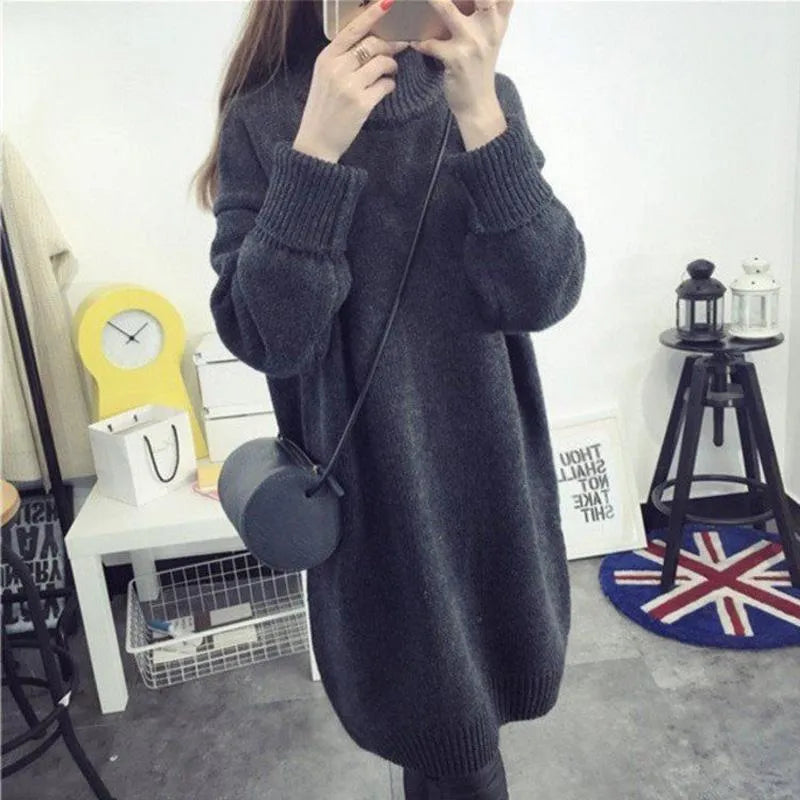 Casual Dresses 2022 Year Korean Version Thick Winter Oversized Sweater Dress Half High Collar Loose Knitted Christmas Tunics