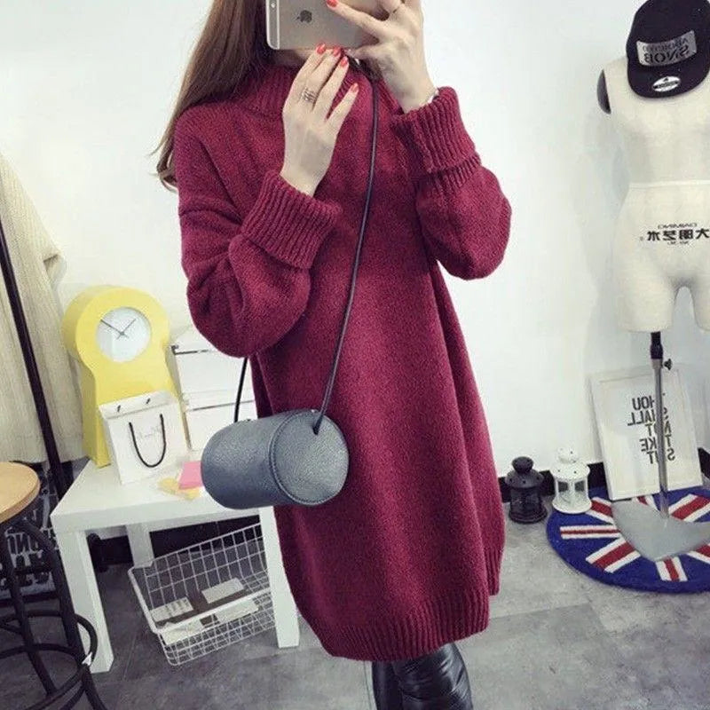 Casual Dresses 2022 Year Korean Version Thick Winter Oversized Sweater Dress Half High Collar Loose Knitted Christmas Tunics