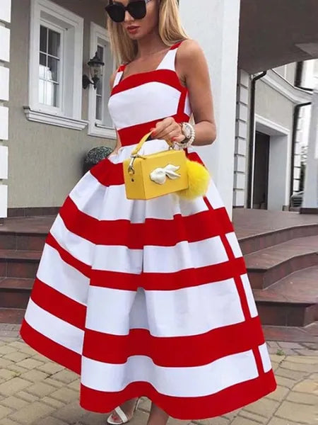 Casual Dresses Women Elegant Off Shoulder Long Party Dress Summer Striped Print Sleeveless Fashion Chic A-Line Suspender Beach