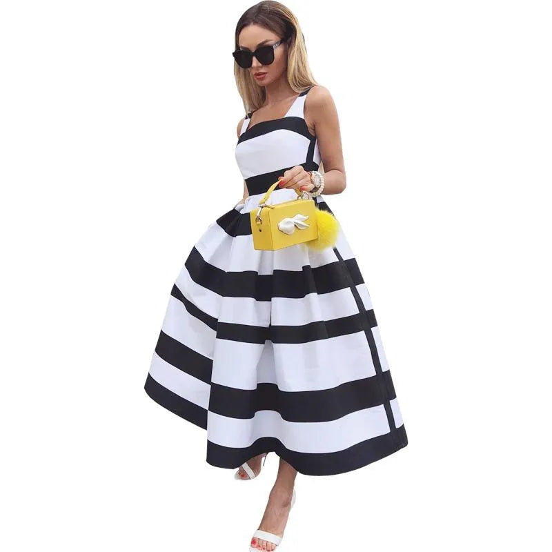 Casual Dresses Women Elegant Off Shoulder Long Party Dress Summer Striped Print Sleeveless Fashion Chic A-Line Suspender Beach