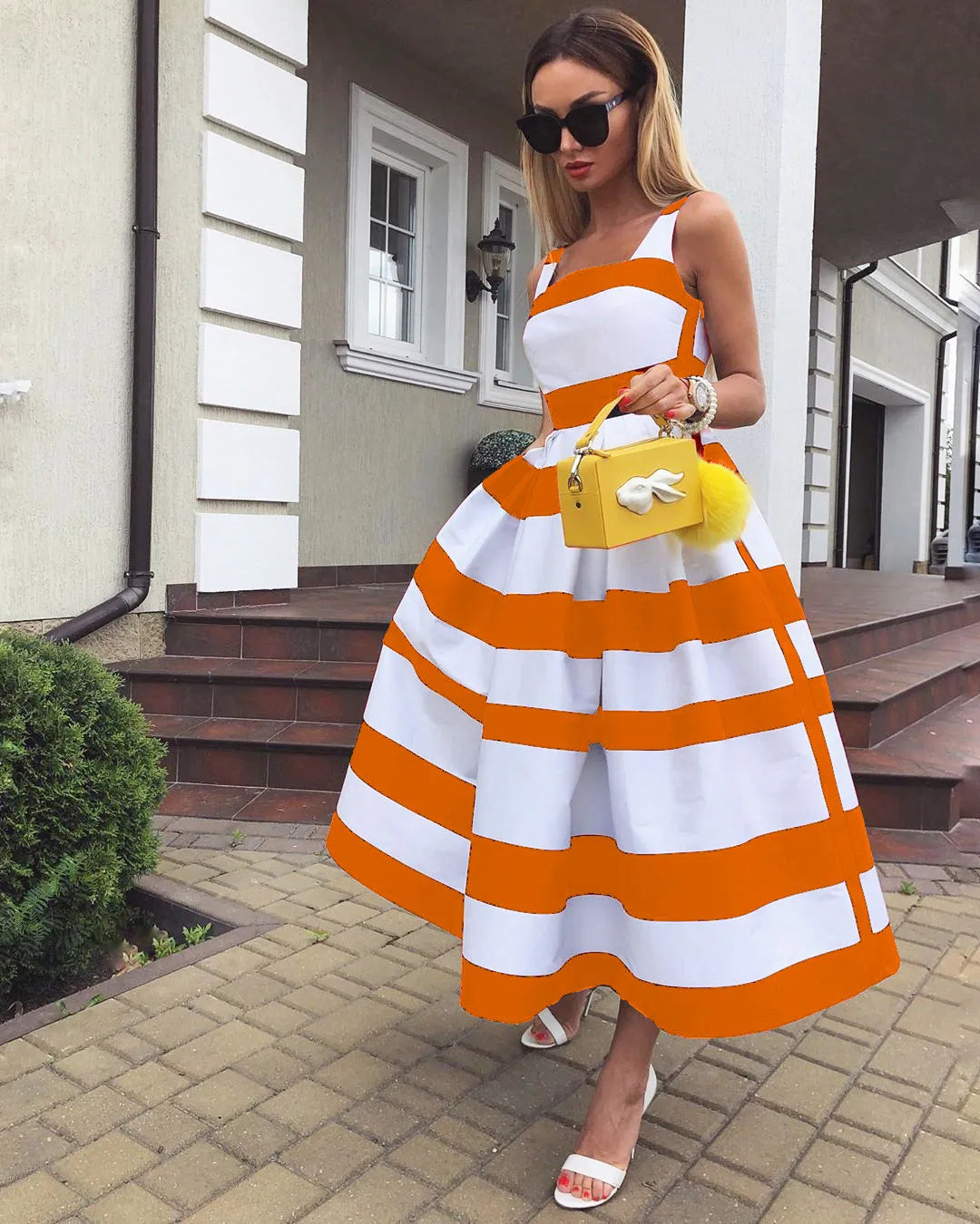 Casual Dresses Women Elegant Off Shoulder Long Party Dress Summer Striped Print Sleeveless Fashion Chic A-Line Suspender Beach