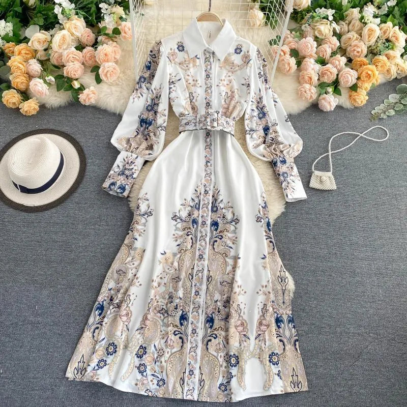 Casual Dresses 2022 Spring Women Vintage Notched Collar Puff Sleeve Long Dress Single Breasted Floral Print Court With Belt Runway