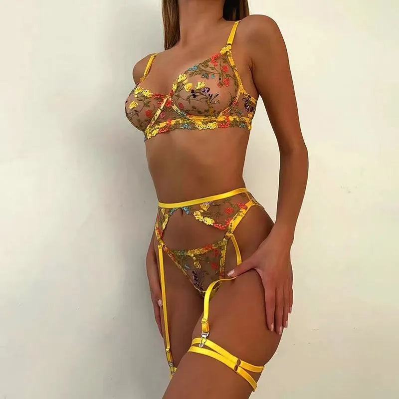 Yimunancy 3-Piece Floral Lace Bra Set Women Transparent Panty Underwear Set Yellow Sexy Lingerie Set Underwire 220513