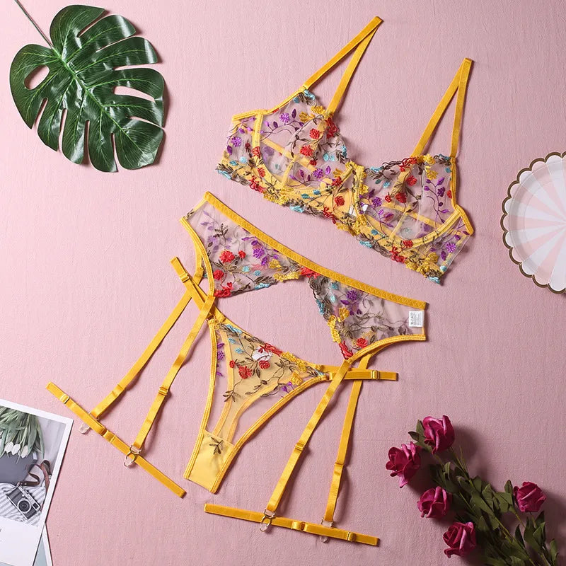 Yimunancy 3-Piece Floral Lace Bra Set Women Transparent Panty Underwear Set Yellow Sexy Lingerie Set Underwire 220513