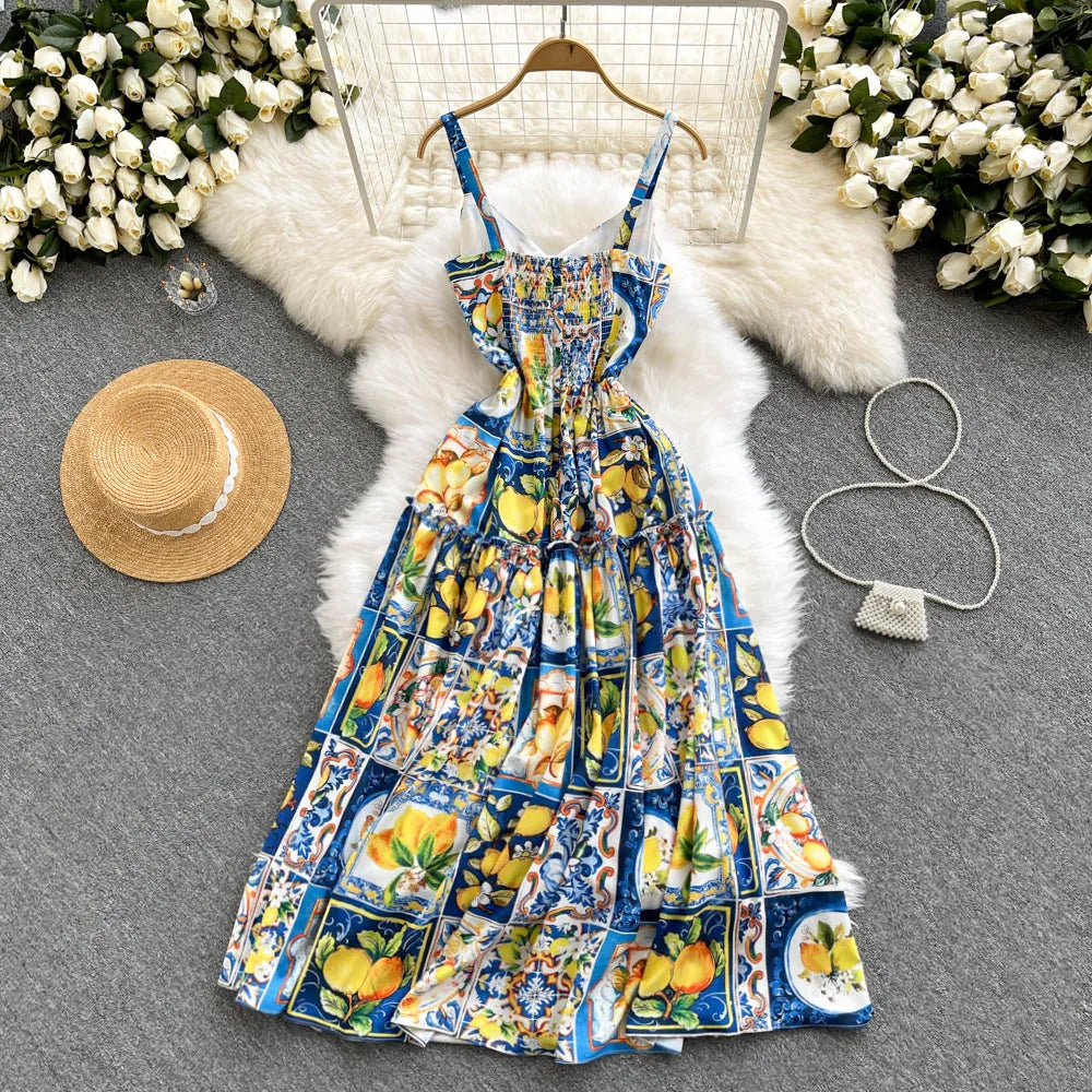 Summer Casual Dresses women 2024 Fashion Bohemian Long Dresses Vacation Elegant sexy Strap Lemon print plus size