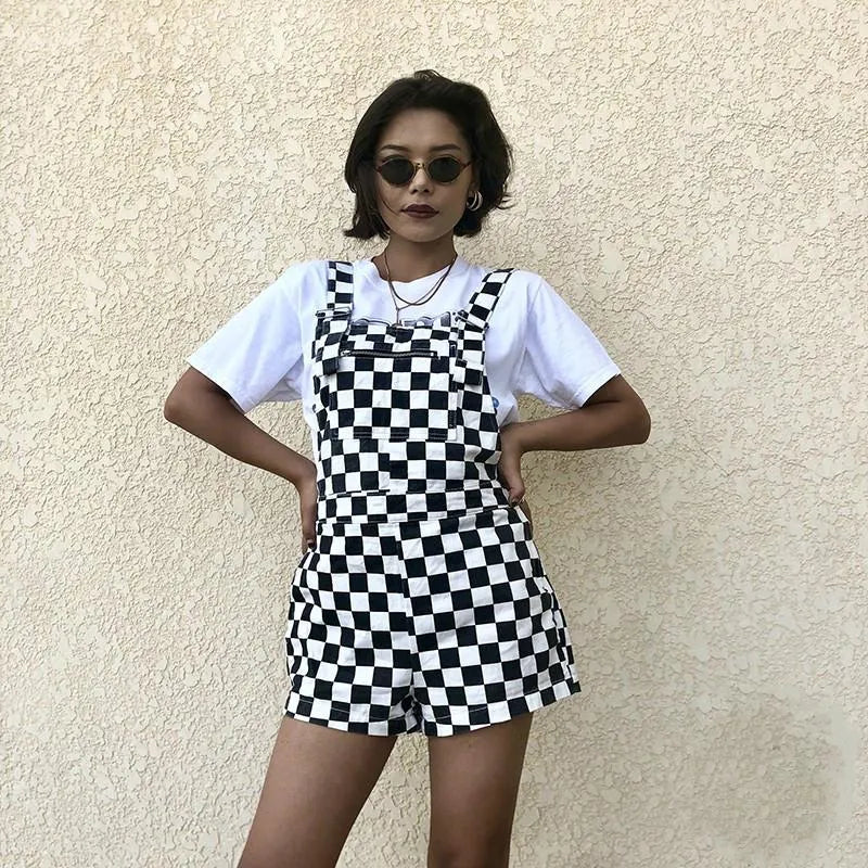 Women's Jumpsuits & Rompers Women Vintage Checkerboard Plaid Jumpsuit Suspender Overalls Straps Romper Playsuit Streetwear Casual Shorts One