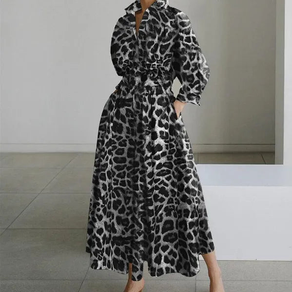 Casual Dresses Spring Autumn Woman Dress Solid Color Leopard Print A-LINE Long Sleeve V-Neck Ankle-Length DressesCasual