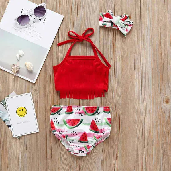 Baby Swim Swimsuit Two-Pieces Tassel Hanging Neck Kids Swimsuits Watermelon Pineapple Print Baby Girls Swimware Headband 3 Piece Set