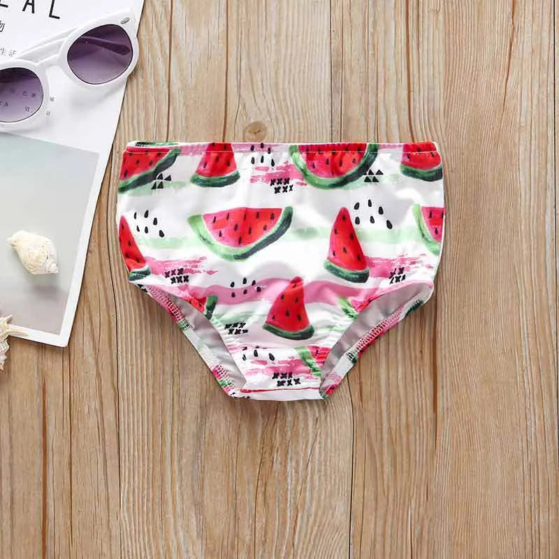 Baby Swim Swimsuit Two-Pieces Tassel Hanging Neck Kids Swimsuits Watermelon Pineapple Print Baby Girls Swimware Headband 3 Piece Set