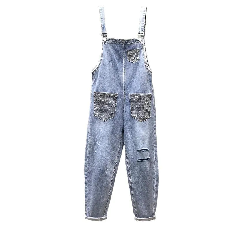 Women's Jumpsuits & Rompers Spring Denim Jumpsuit Women High Waist Wide Leg Romper Hole Jeans Overalls Female Summer Sleeveless Rhinestone