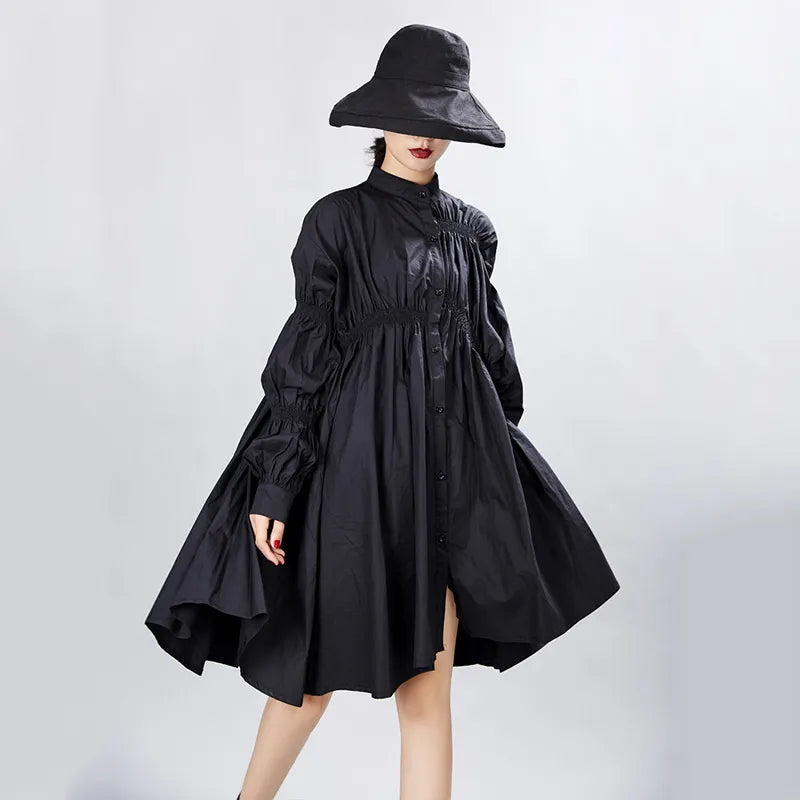 [EAM] Women Big Size Oversize Pleated Dress Stand Neck Long Lantern Sleeve Loose Fit Fashion Spring Autumn 1A331 21512