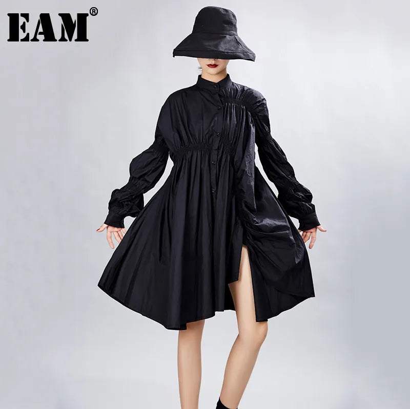 [EAM] Women Big Size Oversize Pleated Dress Stand Neck Long Lantern Sleeve Loose Fit Fashion Spring Autumn 1A331 21512