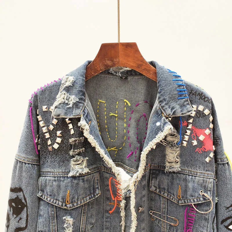 Women's Jackets Spring Autumn New Women Street Fashion Graffiti Denim Jacket Female Personality Short Raw Cut Rivet Fringe Jean Coat Y0827