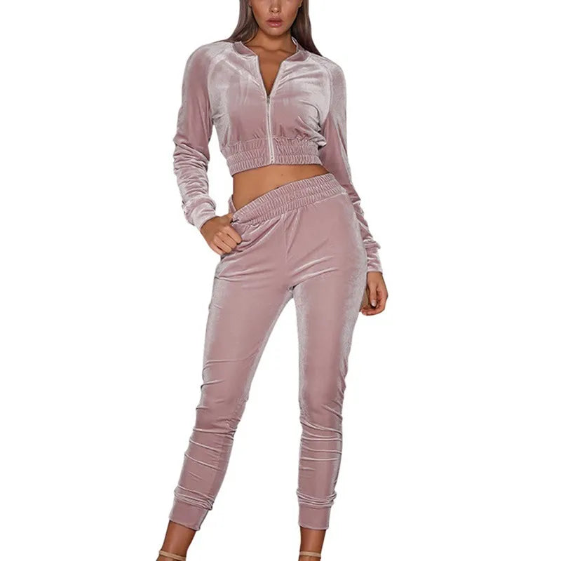 2021 Autumn Women Tracksuits Two Piece Velour Gym Outfit Long Sleeve Crop+Pant Velvet Set for Woman Sport Suit