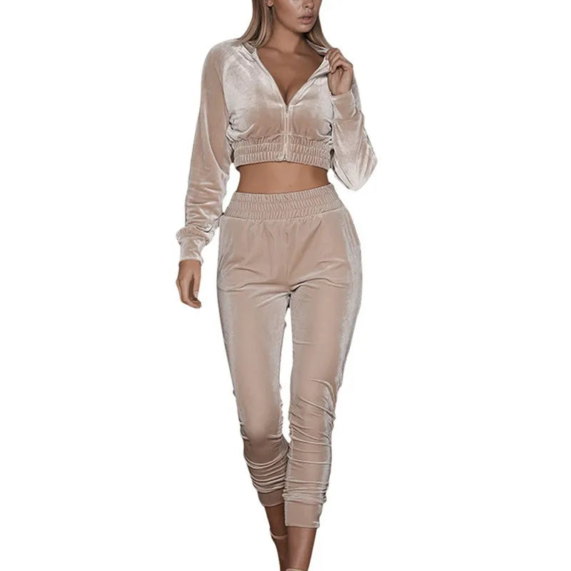 2021 Autumn Women Tracksuits Two Piece Velour Gym Outfit Long Sleeve Crop+Pant Velvet Set for Woman Sport Suit