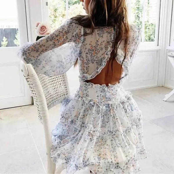 BOHO INSPIRED Harlow Floral Print Ruffle Dress backless V-neck women mini plus size ladies 2021 party 210224