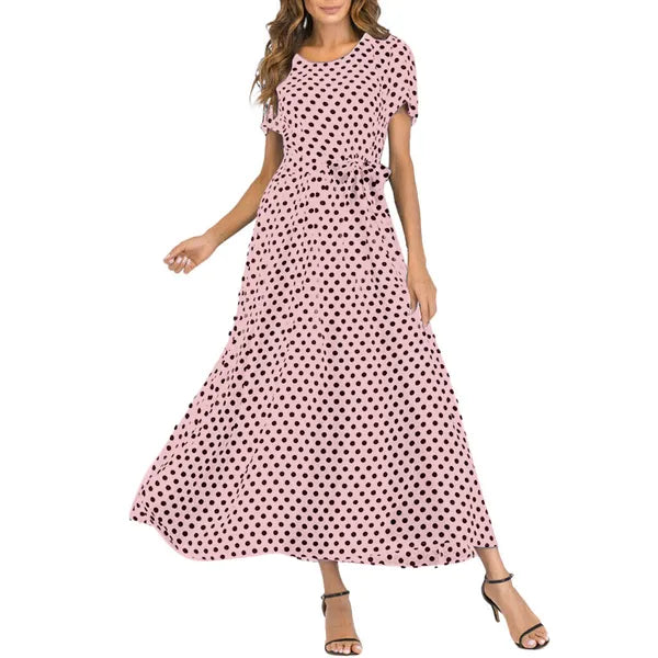 Plus Size Dress Women Summer Short Sleeve Polka Dot Print Boho Beach Dresses Belted Ladies Tunic Loose Oversized Maxi Long Dress 210302