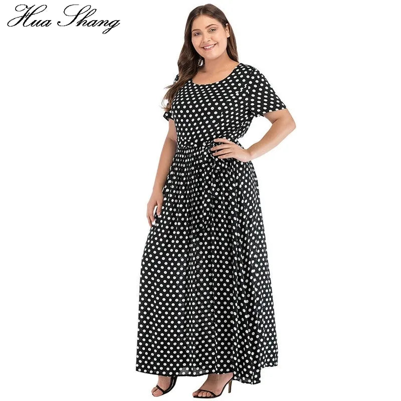 Plus Size Dress Women Summer Short Sleeve Polka Dot Print Boho Beach Dresses Belted Ladies Tunic Loose Oversized Maxi Long Dress 210302