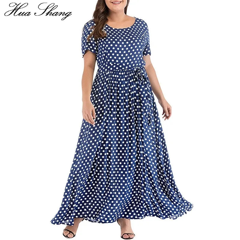 Plus Size Dress Women Summer Short Sleeve Polka Dot Print Boho Beach Dresses Belted Ladies Tunic Loose Oversized Maxi Long Dress 210302