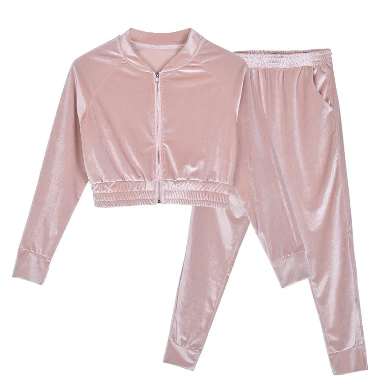 2021 Autumn Women Tracksuits Two Piece Velour Gym Outfit Long Sleeve Crop+Pant Velvet Set for Woman Sport Suit