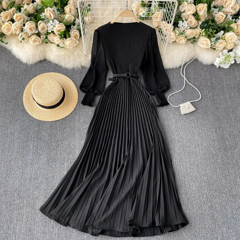 New Women Elegant Maxi Dress Spring Summer Patchwork Puff Long Sleeve Pleated Muslim Long Dresses Ladies Party Dress 220310