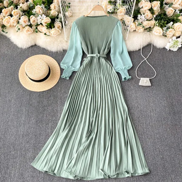 New Women Elegant Maxi Dress Spring Summer Patchwork Puff Long Sleeve Pleated Muslim Long Dresses Ladies Party Dress 220310