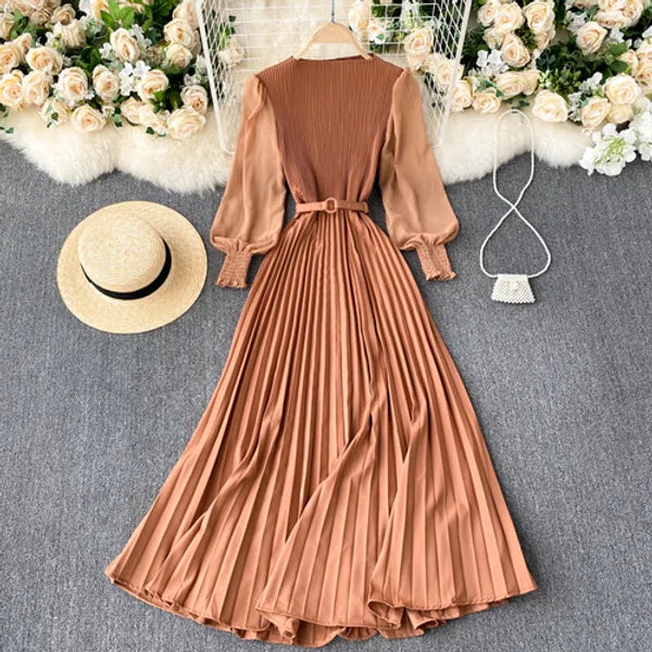 New Women Elegant Maxi Dress Spring Summer Patchwork Puff Long Sleeve Pleated Muslim Long Dresses Ladies Party Dress 220310