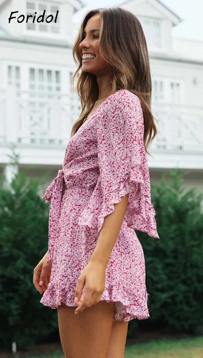 Bell Sleeve Floral Boho Playsuit Romper Spring Summer Women Beach Playsuit Elegant V Neck Pink Romper Women Fashion 210415