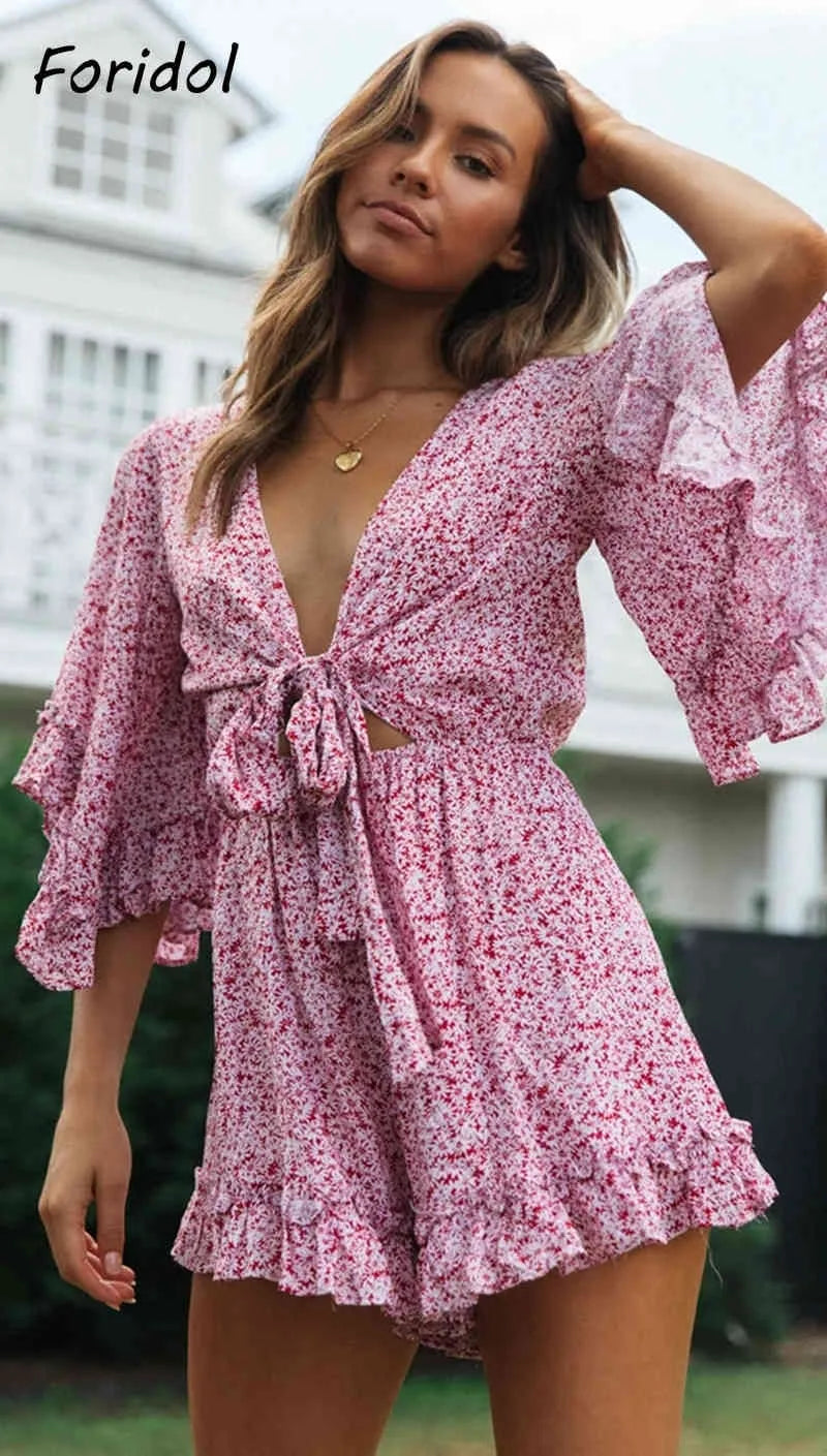 Bell Sleeve Floral Boho Playsuit Romper Spring Summer Women Beach Playsuit Elegant V Neck Pink Romper Women Fashion 210415