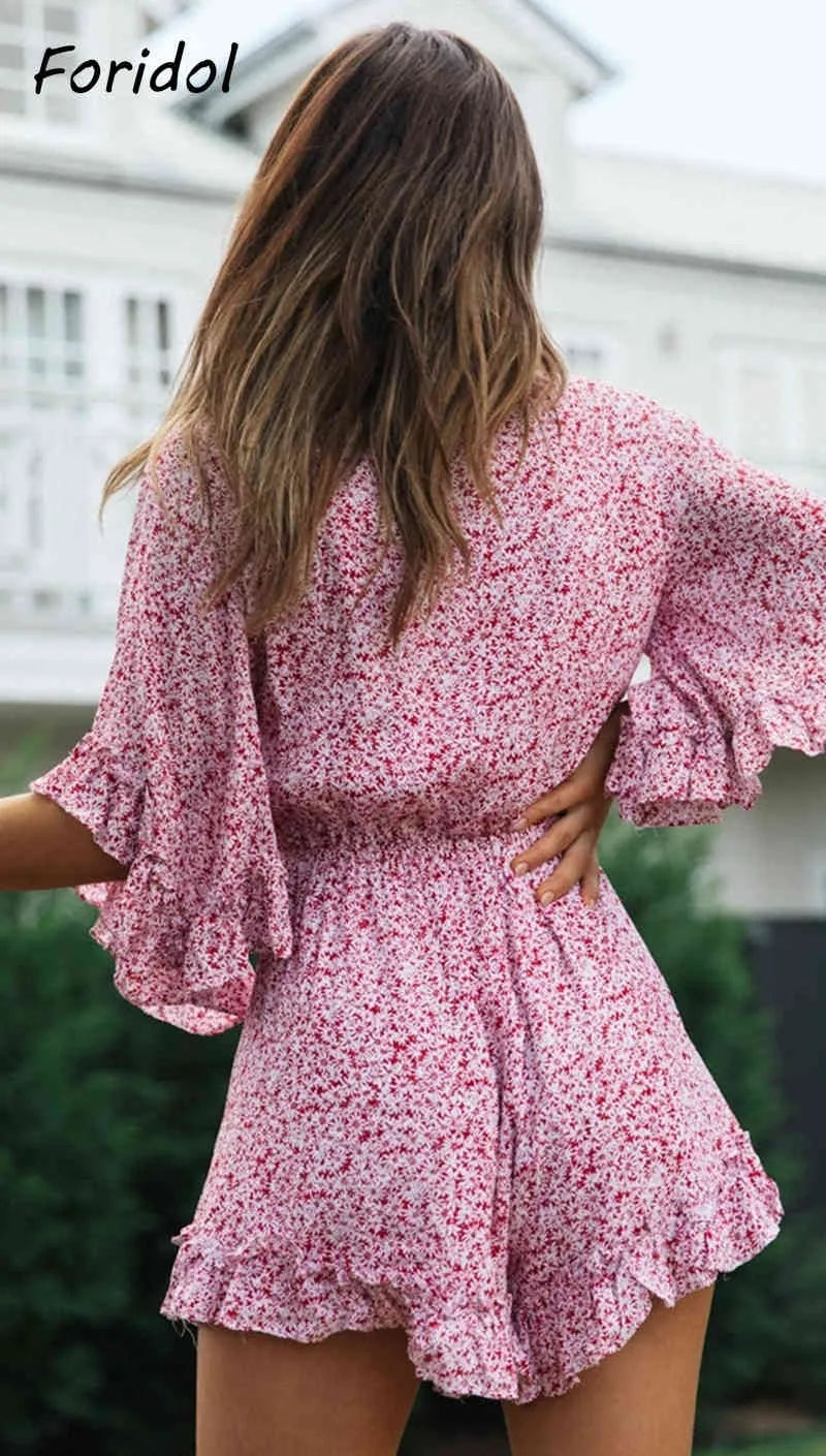 Bell Sleeve Floral Boho Playsuit Romper Spring Summer Women Beach Playsuit Elegant V Neck Pink Romper Women Fashion 210415