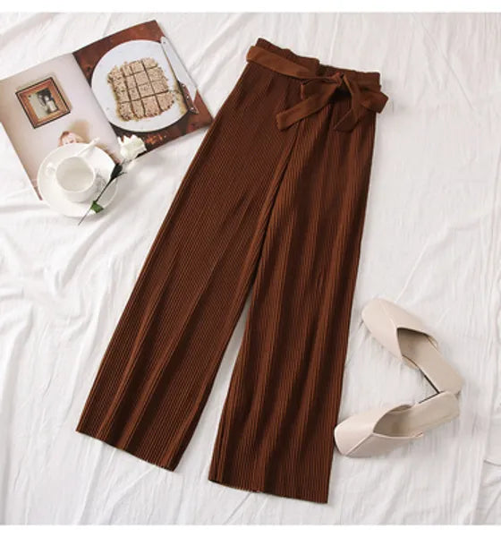 Autumn Wide Leg Pants Women Casual High Waist Pants with Bow Belt New Pleated Pant Trousers Femme 210419