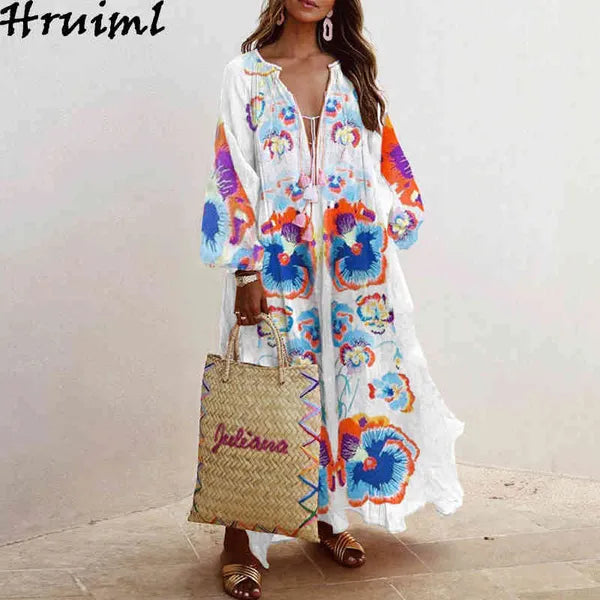 Plus Size Maxi Dresses for Women Fashion Print Long Sleeve V Neck Female Boho Dress Oversize Big Swing Party Club Autumn 210513