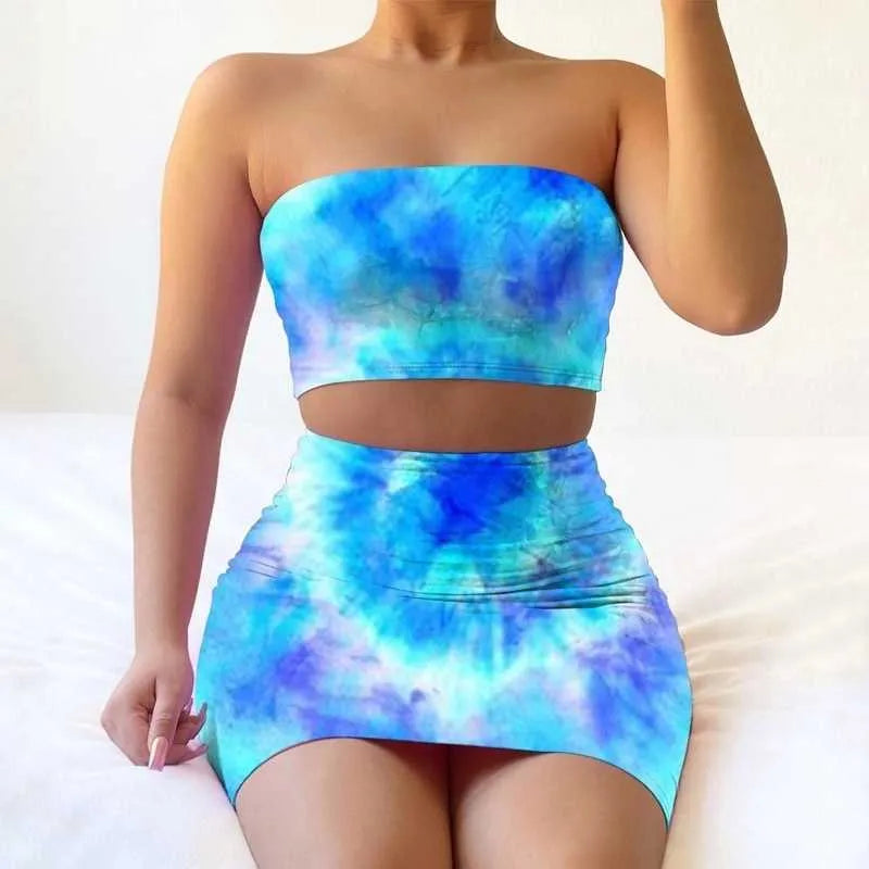 Swimsuit Bra outfits Summer Women Designer Casual Print Tie Dye Bra Skirt Two piece Sets Women Fashion Sexy Casual Clothing