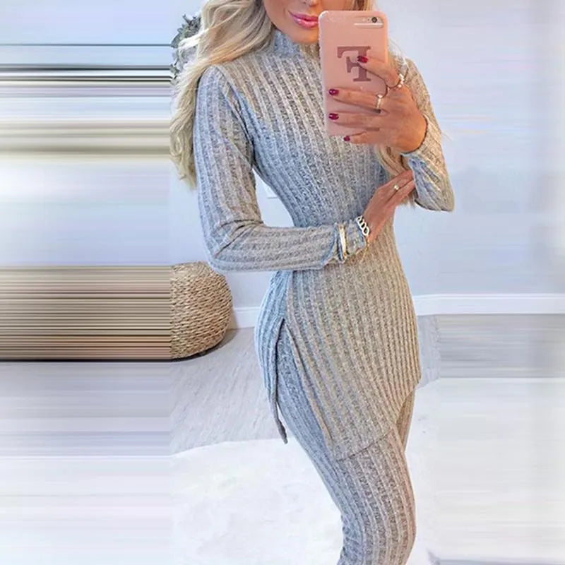 Womens Casual Knit 2 Piece Sets Autumn Winter Outfit Long Sleeve Tracksuits Sweater Pullover Crop Top And Pants Female Sexy Set