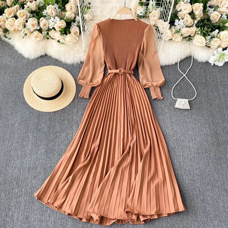 New Women Elegant Maxi Dress Spring Summer Patchwork Puff Long Sleeve Pleated Muslim Long Dresses Ladies Party Dress 220310