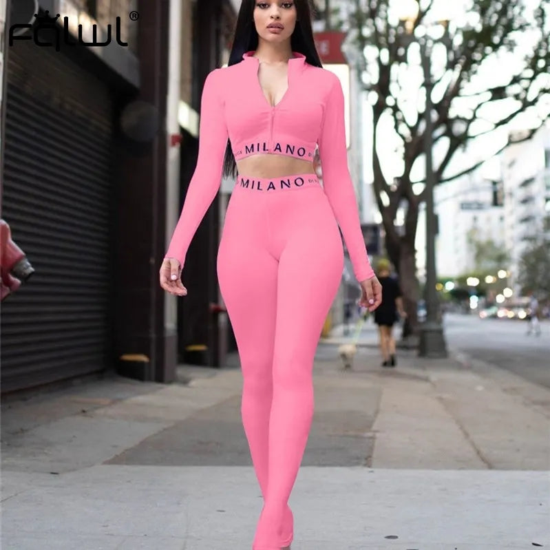 FQLWL Streetwear White Pink 2 Two Piece Set Women Outfits Fitnesss Long Sleeve Crop Top Leggings Women Ladies Tracksuit Female 201104