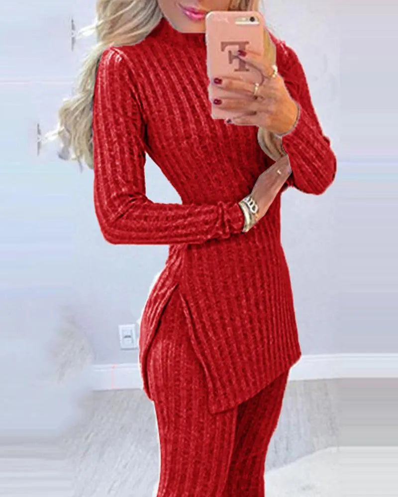 Womens Casual Knit 2 Piece Sets Autumn Winter Outfit Long Sleeve Tracksuits Sweater Pullover Crop Top And Pants Female Sexy Set