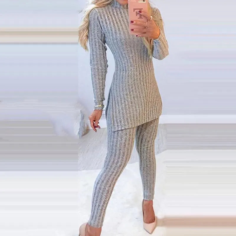 Womens Casual Knit 2 Piece Sets Autumn Winter Outfit Long Sleeve Tracksuits Sweater Pullover Crop Top And Pants Female Sexy Set