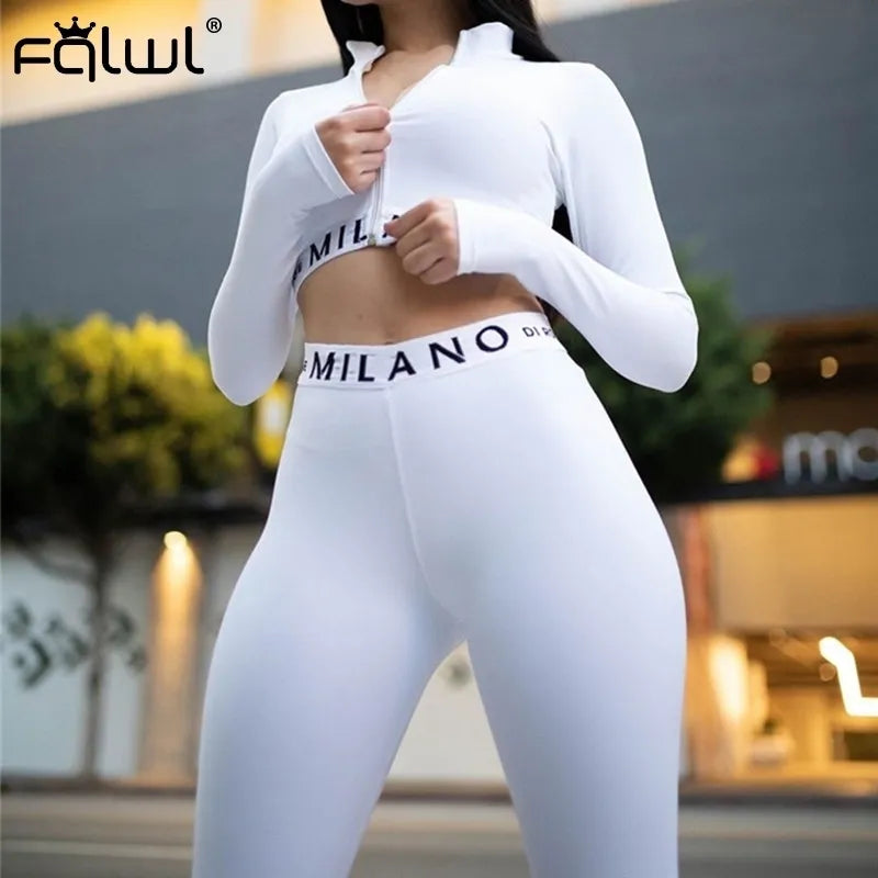 FQLWL Streetwear White Pink 2 Two Piece Set Women Outfits Fitnesss Long Sleeve Crop Top Leggings Women Ladies Tracksuit Female 201104