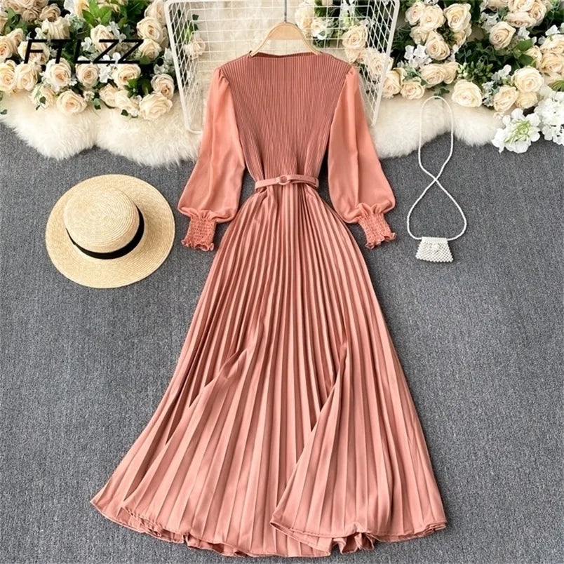 New Women Elegant Maxi Dress Spring Summer Patchwork Puff Long Sleeve Pleated Muslim Long Dresses Ladies Party Dress 220310