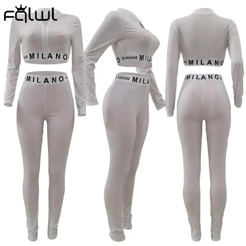 FQLWL Streetwear White Pink 2 Two Piece Set Women Outfits Fitnesss Long Sleeve Crop Top Leggings Women Ladies Tracksuit Female 201104